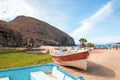 Small fishing boat / ponga at Punta Lobos beach on the coast of Baja California Mexico Royalty Free Stock Photo