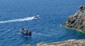 Small fishing boat at the sea near the shore Royalty Free Stock Photo