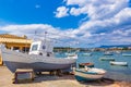 Small fishing boats in Corfu Town Garitsa Bay quayside Greece Royalty Free Stock Photo