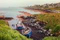 Small fishing boats on a foggy morning in Berneray, North Uist, Royalty Free Stock Photo