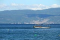 Small fishing boats on Lake Ohrid landscape Royalty Free Stock Photo