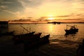 Small Fishing Boats Marina at Sunset in the East of Thailand. Royalty Free Stock Photo