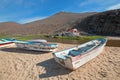 Small fishing boats / pongas at Punta Lobos beach on the coast of Baja California Mexico Royalty Free Stock Photo