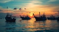 Small fishing boats in the sea sea in Twilight time Royalty Free Stock Photo