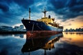 A small fishing or cargo ship on the dock in the port. The ship is waiting to sail. A vessel for fishing or transporting small Royalty Free Stock Photo