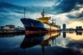 A small fishing or cargo ship on the dock in the port. The ship is waiting to sail. A vessel for fishing or transporting small Royalty Free Stock Photo