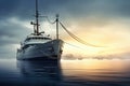 A small fishing or cargo ship on the dock in the port. The ship is waiting to sail. A vessel for fishing or transporting small Royalty Free Stock Photo