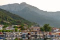 Small fishing port of village of Skala Potamia in Thassos Island, Greece. Tranquil sunset view Royalty Free Stock Photo