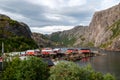 Small fishing village of Nusfjord with wooden houses in Lofoten, Norway. Royalty Free Stock Photo