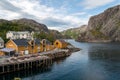 Small fishing village of Nusfjord with wooden houses in Lofoten, Norway. Royalty Free Stock Photo