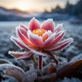 small flower in frost, freezing, frost, sunny day, high contrast