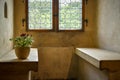 Small flowerpot standing on stone bench close to window at chamber