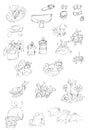 Small flowers and animals objects cicada butterfly a frog a spider,sketches and pencil sketches and doodles