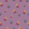 Seamless Cute Floral Vector Pattern with pink and blue flowers and purple background. Great for Summer Fabrics, textiles, Royalty Free Stock Photo