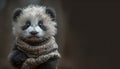 A small, fluffy baby panda with a textured scarf, on a dark background with a space for text
