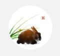 Small fluffy black rabbit under the green grass bush on white background. Traditional oriental ink painting sumi-e, u