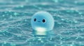 A small, fluffy, blue spherical creature with a simple, smiling face floats on rippling