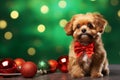 Small fluffy brown puppy wearing red bow tie sits next to Christmas ornaments decorations Royalty Free Stock Photo