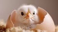 A small, fluffy chick breaks free from its cracked eggshell, peering curiously from the nest. Soft lighting highlights its Royalty Free Stock Photo