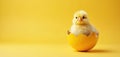 Small fluffy chick sits in eggshell on yellow. Cute bird looks at camera with curiosity. Easter symbol born in springtime. Copy Royalty Free Stock Photo