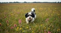 Small Fluffy Dog Running Through Vibrant Wildflower Meadow Royalty Free Stock Photo