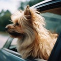 A small fluffy dog Yorkshire terrier leans out of the window of a moving car, its fur flutters in the wind