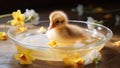 A small fluffy duckling sits in a clear bowl of water surrounded by yellow and white flowers on a wooden surface