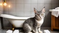 Small fluffy grey striped kitten is getting ready to take a bath. A cute, clean animal looks directly into the camera