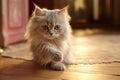 small, fluffy, playful kitten perches on the wooden floor. It\'s light in color and filled with playful energy