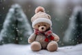 Small fluffy plush teddy bear on winter forest background. Generate ai