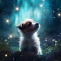 A small, fluffy puppy gazing curiously at the stars.