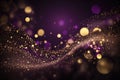 Small flying golden particles and confetti on purple background, generative AI