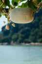 Small foam ball buoy for fishing net float hanging on tree Royalty Free Stock Photo