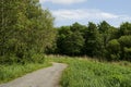 Small foot path in a country side for walking and cycling by a field and forest, Warm sunny day. Pastoral country area Royalty Free Stock Photo