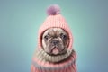 Small French Bulldog dog with funny pink knitted winter hat on blue background