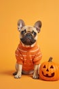 Small French Bulldog dog with Halloween pumpin and sweater on yellow background