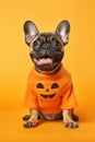 Small French Bulldog dog with Halloween pumpin sweater on yellow background