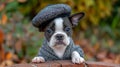 small french bulldog dog with wool hat and jacket holding paws on rocks