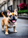 Small french-bulldog walking on the street.