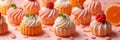 small French desserts, mini cakes, on a peach-colored background