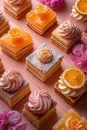 small French desserts, mini cakes, on a peach-colored background