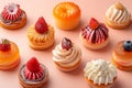 small French desserts, mini cakes, on a peach-colored background