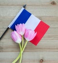 Small French flag with pink tulips on a wood background Royalty Free Stock Photo