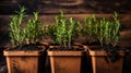 Small fresh green rosemary seedlings in brown plastic pots, ready for spring planting in the ground. Cultivation of aromatic