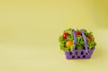 Small Fresh vegetables in basket on yellow background. Food background concept with copyspace Royalty Free Stock Photo