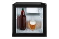 Small fridge bar, inside the bottle and glass full of beer with foam, the concept of summer and cooling