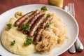 Small fried Bavarian German NÃÂ¼rnberger sausages with sauerkraut, mashed potatoes and mustard on wooden table background