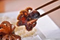 Small fried octopus and wooden chopsticks. Royalty Free Stock Photo