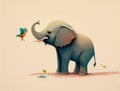 A small friendly elephant waves hello with its trunk to a pair of singing birds. Cute creature. AI generation