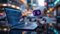 A small, friendly robot with glowing eyes is engrossed in a laptop displaying code, set against a bokeh city Royalty Free Stock Photo